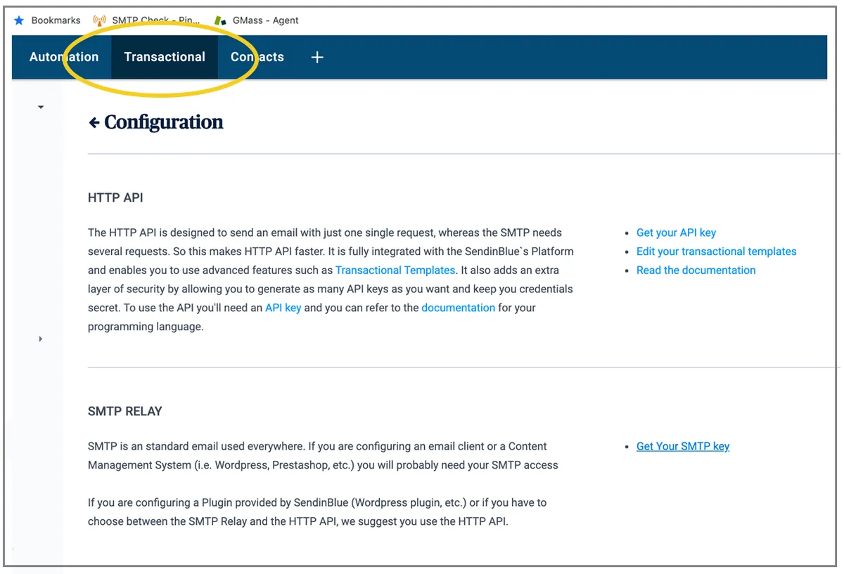 Sendinblue transactional page