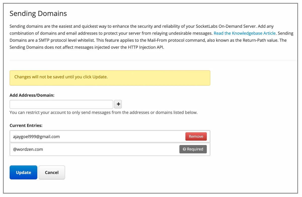 SocketLabs sender list