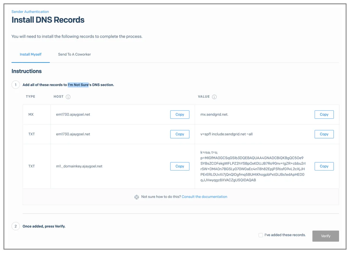 SendGrid DNS records