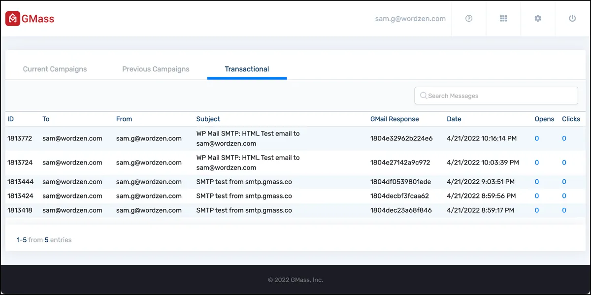 Transactional email log in GMass dashboard