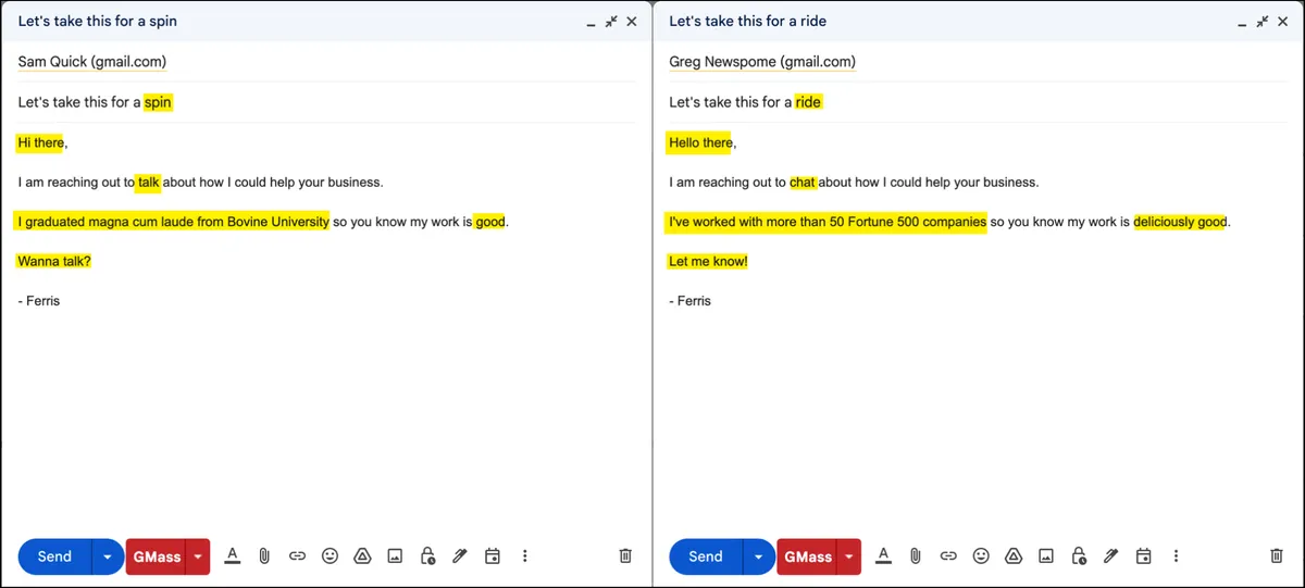 Spintax results side by side