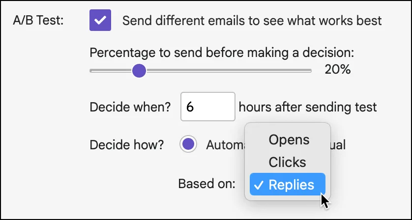 A/B test automatic decision settings in GMass