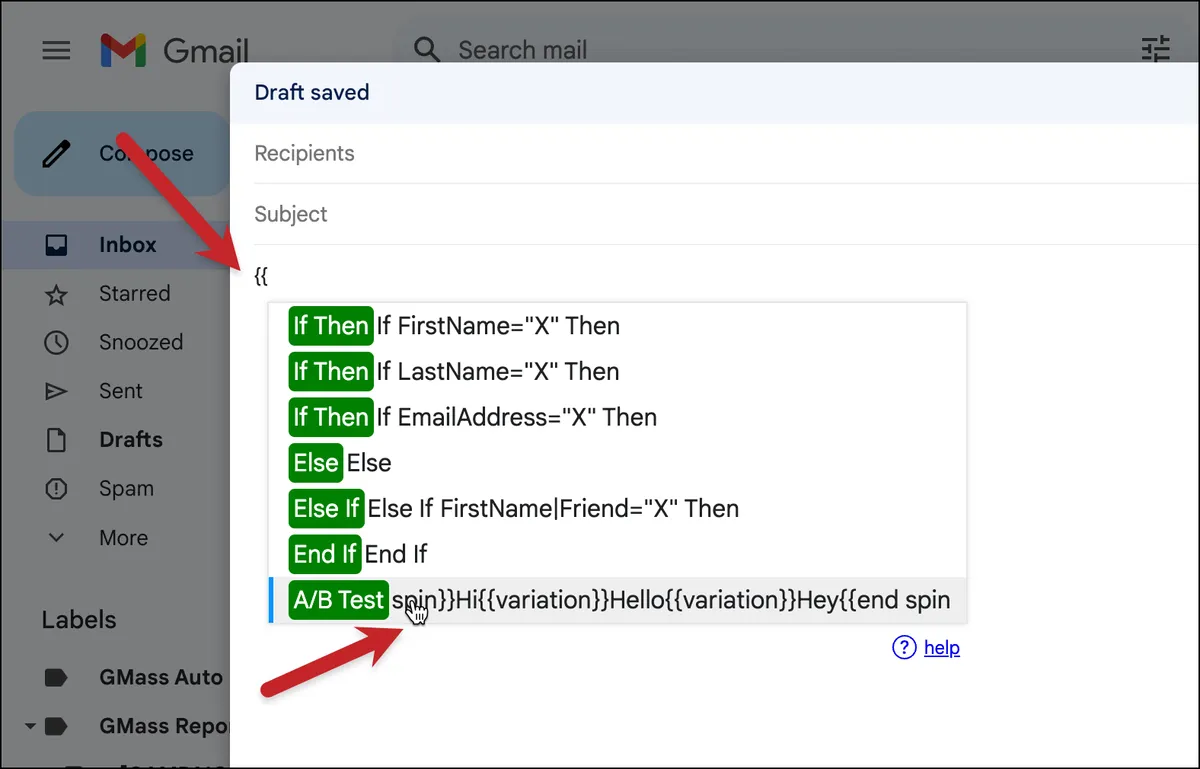The spintax inline shortcut in GMass