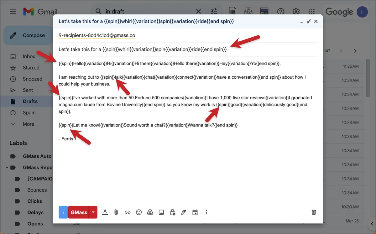 An example email with lots of spintax