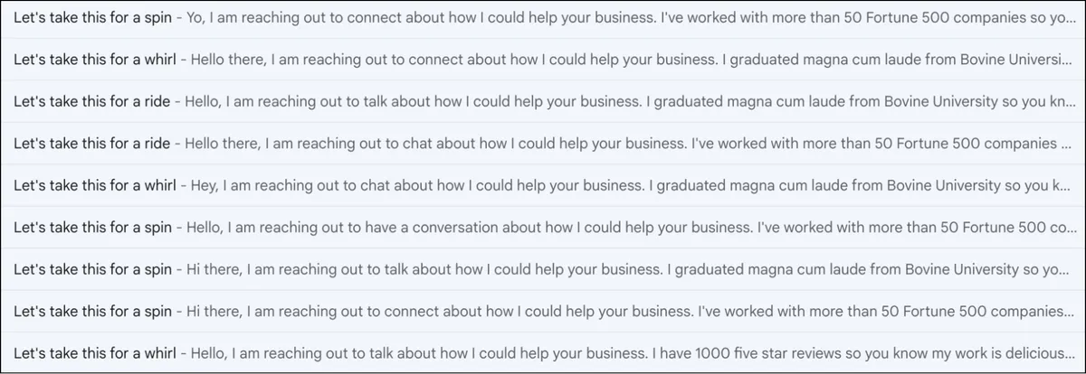 The result of maximum randomization on spintax in an email campaign