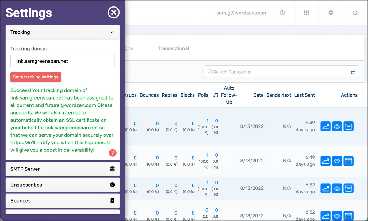 Message after adding custom tracking domain