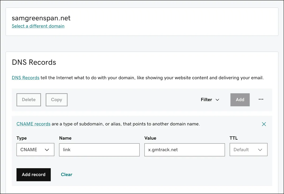 Setting up the CNAME for my tracking domain