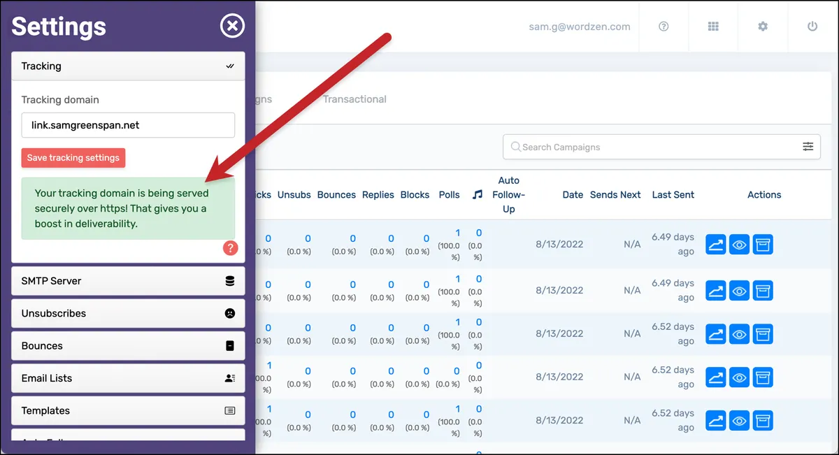 The dashboard shows my secure tracking link