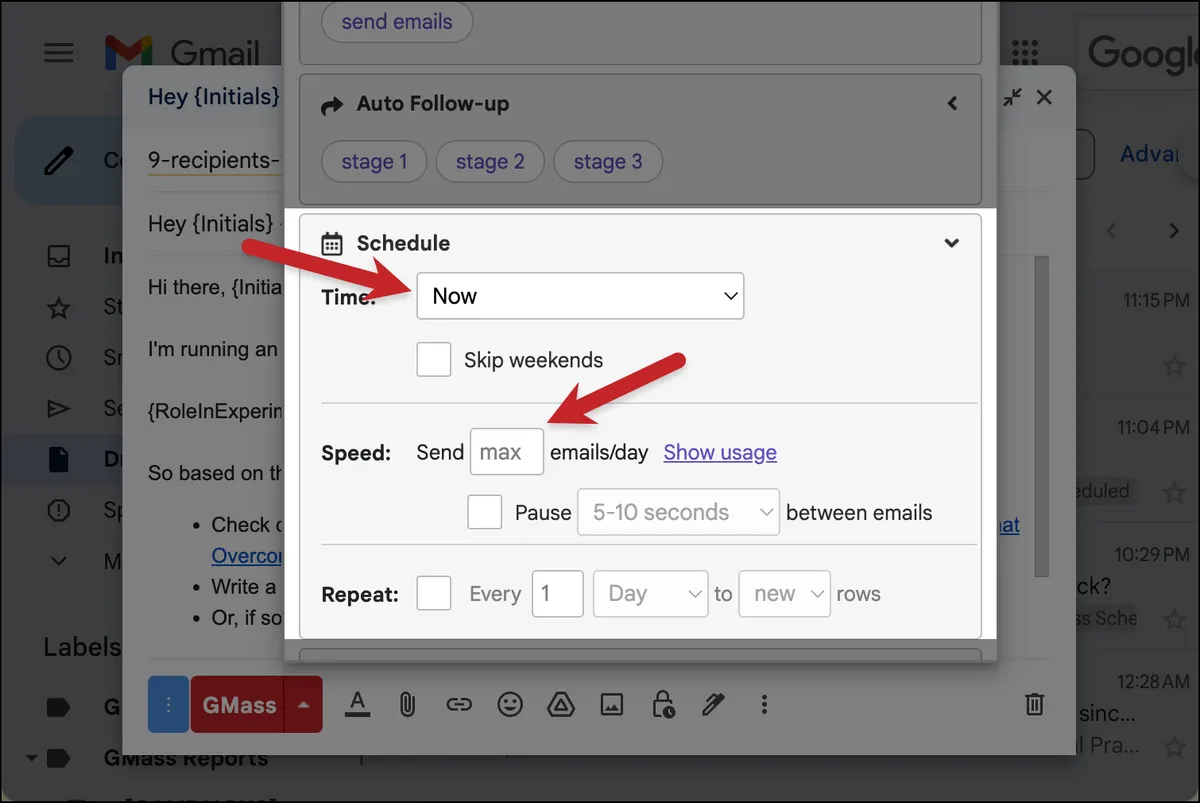 Send now and send max emails per day