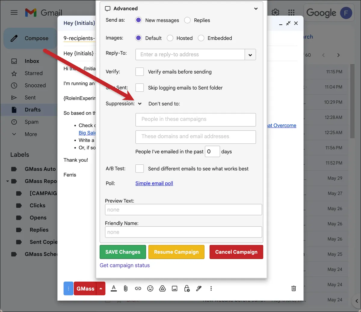 Open the Suppression section of your initial campaign