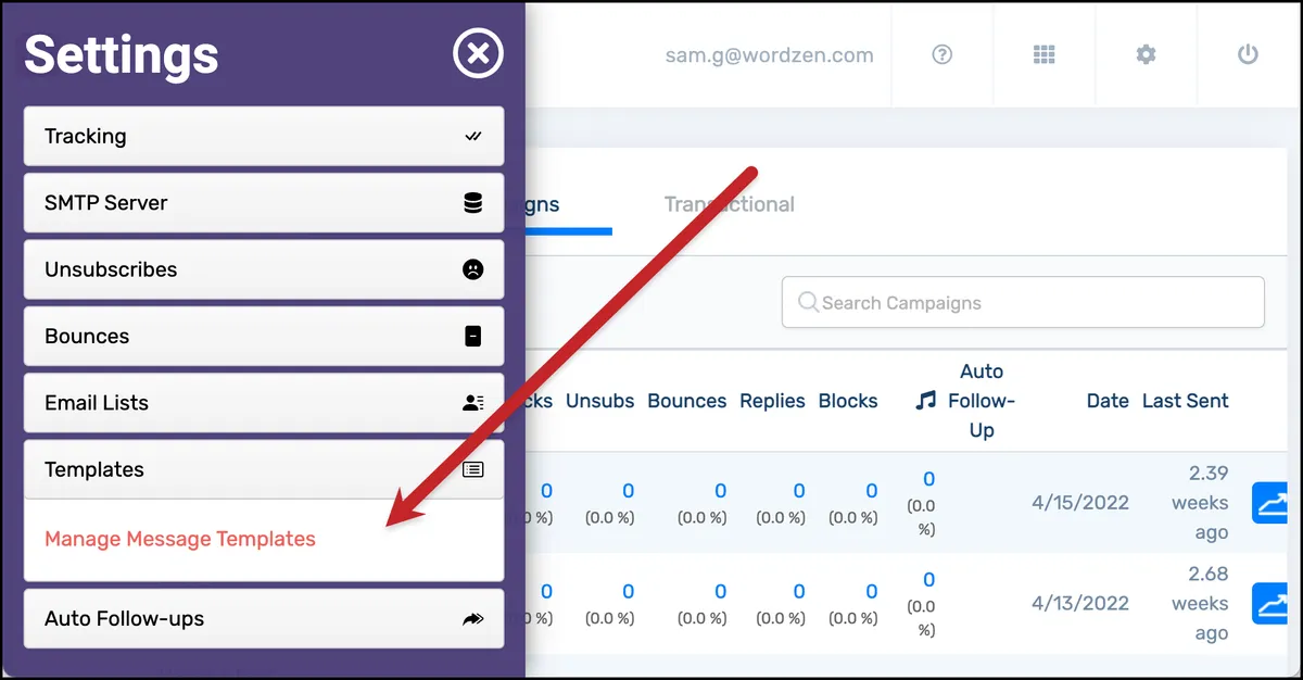 Go to template management in the GMass dashboard settings