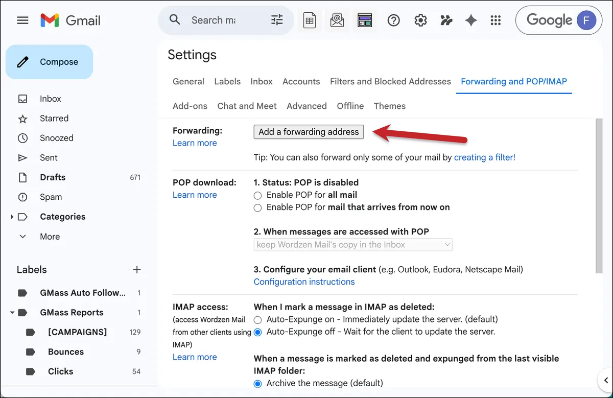 Add a forwarding address in Gmail