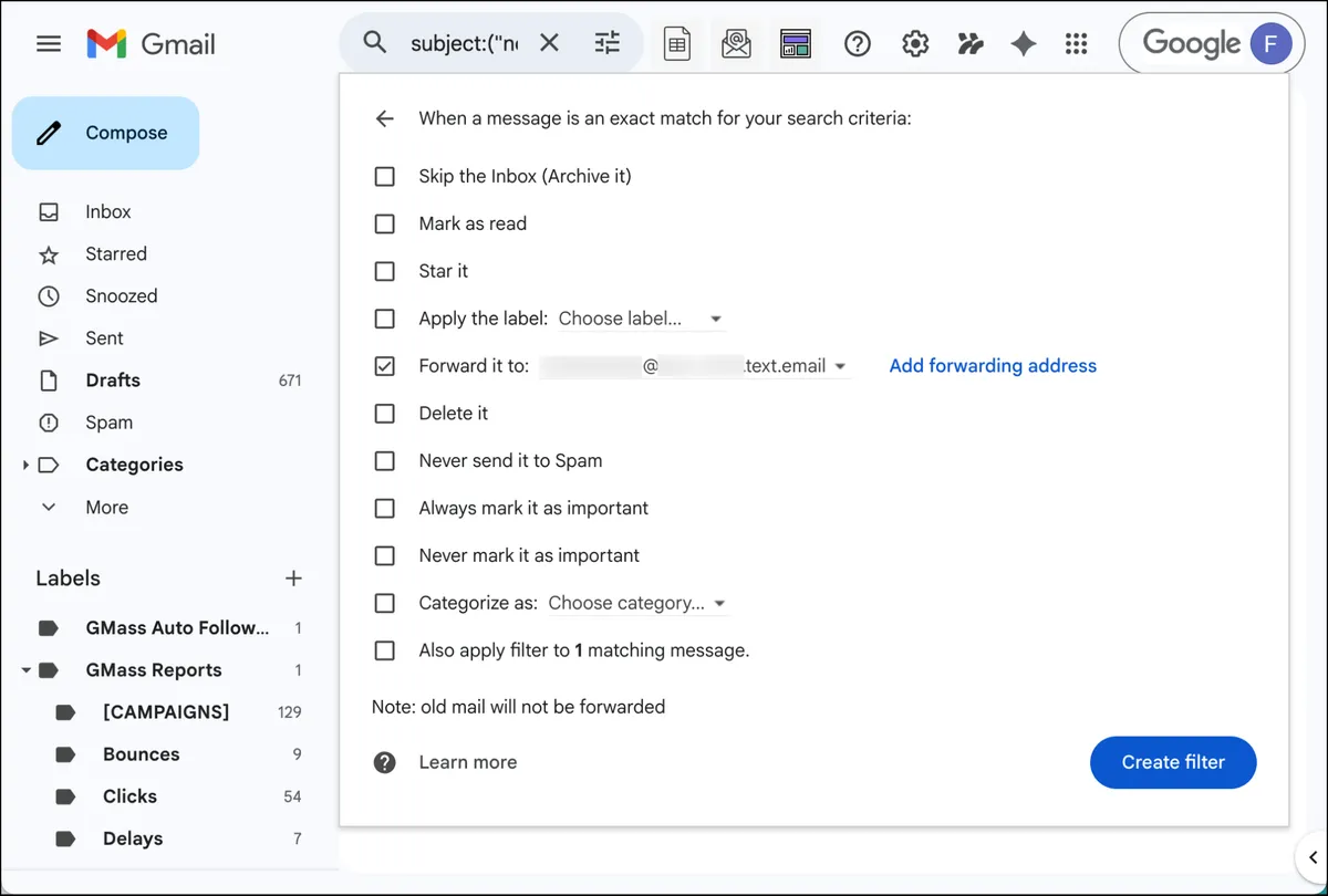 Set up filter forwarding