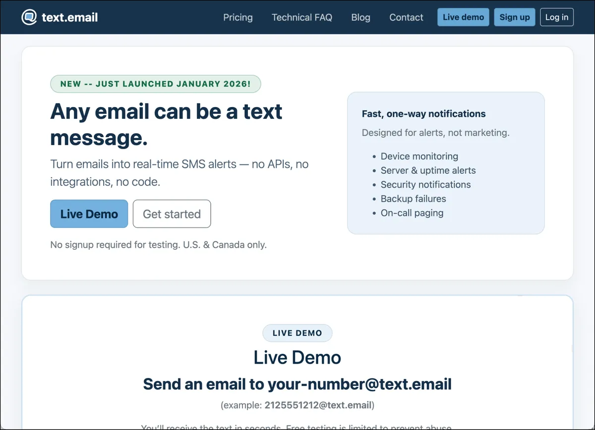 The text.email homepage