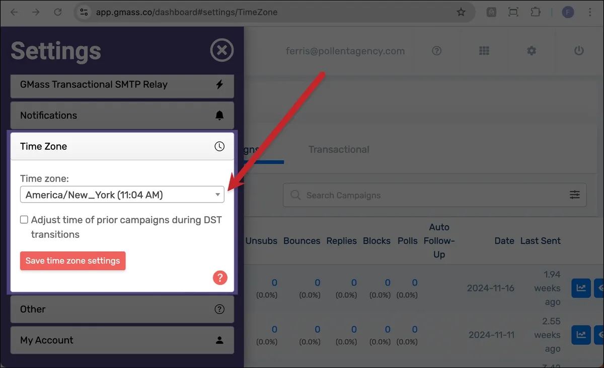 Setting a default time zone in GMass