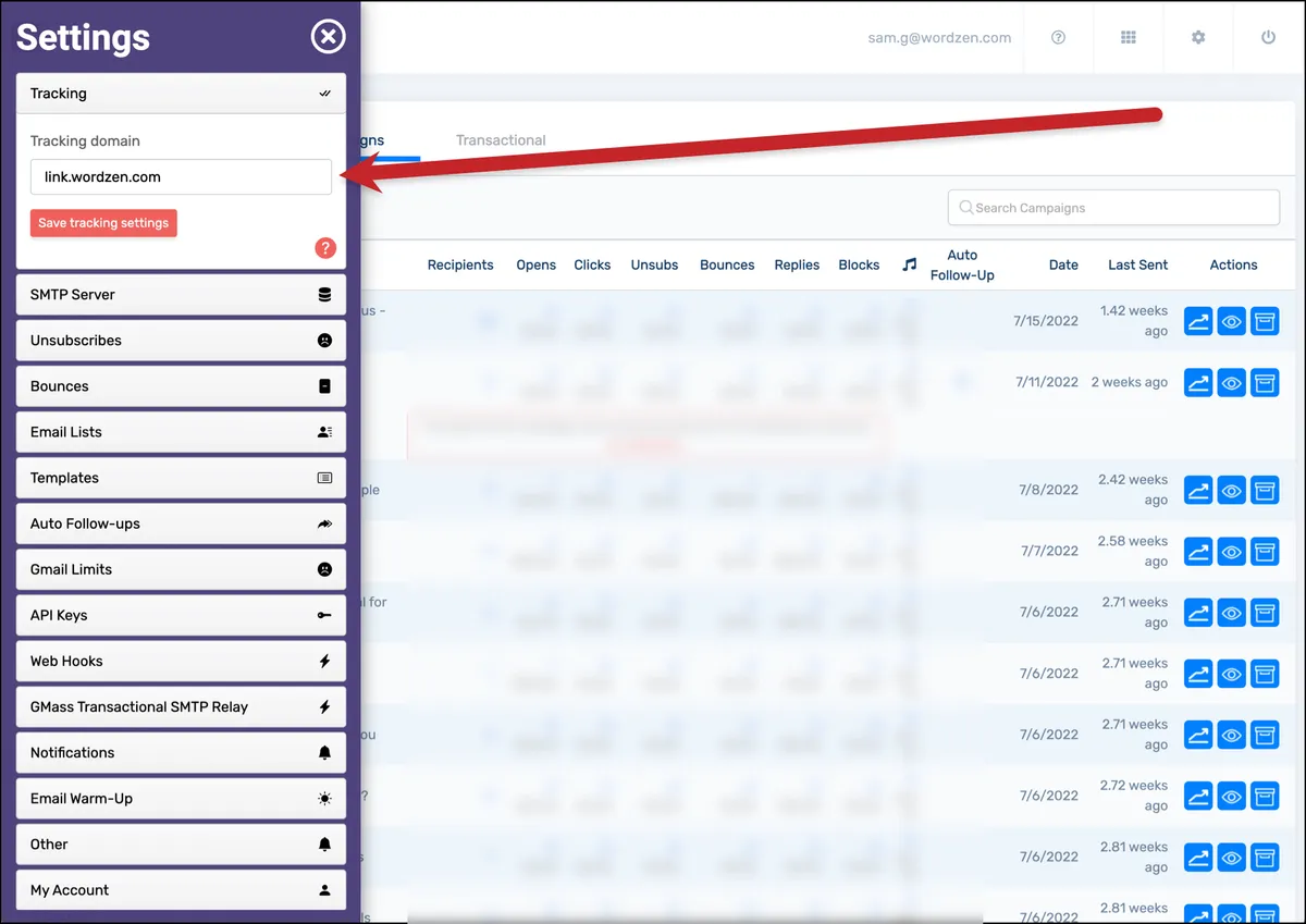 Set up a custom tracking domain in the GMass dashboard