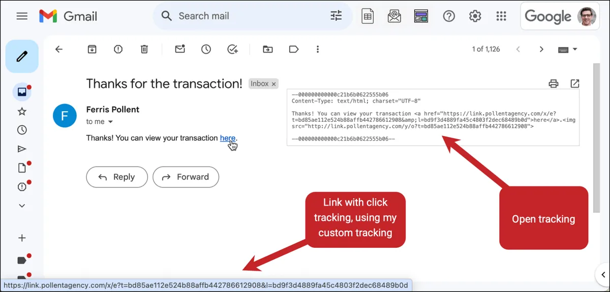 A transactional email sent with open and click tracking