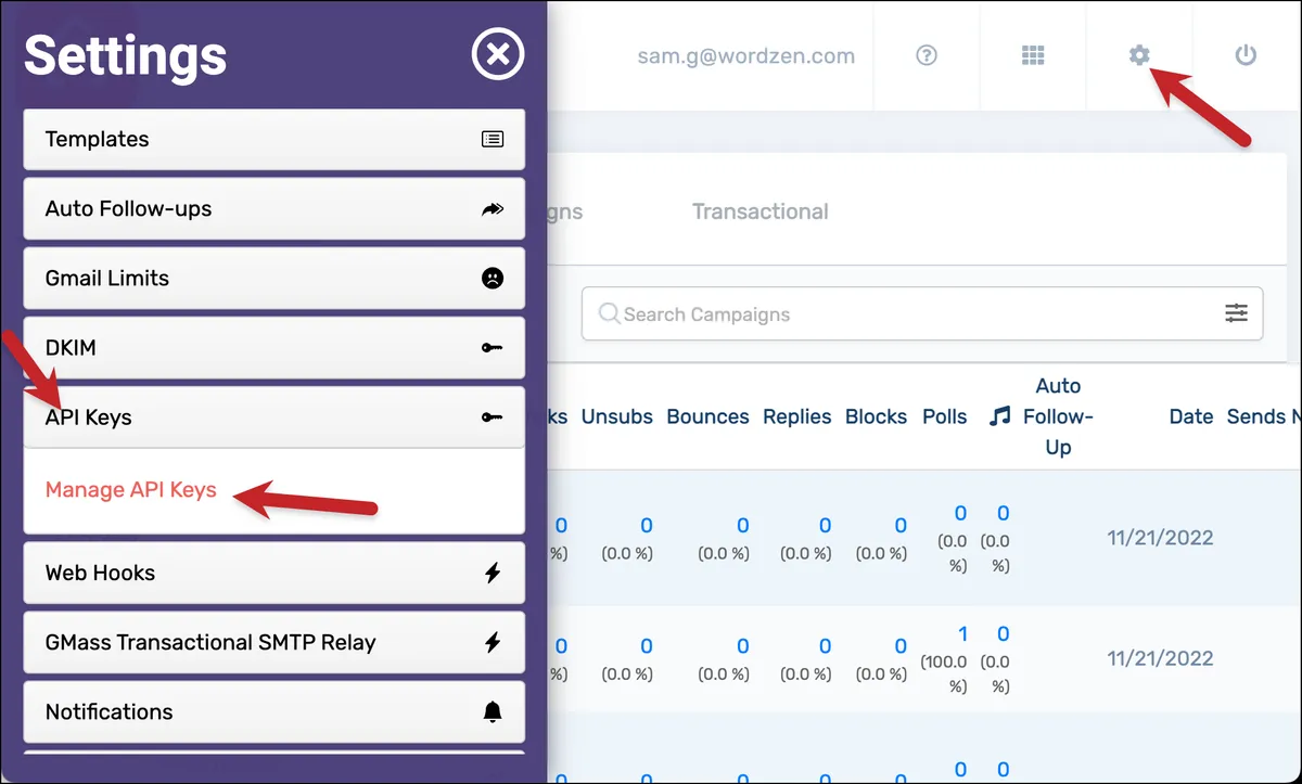 Get your API key for GMass