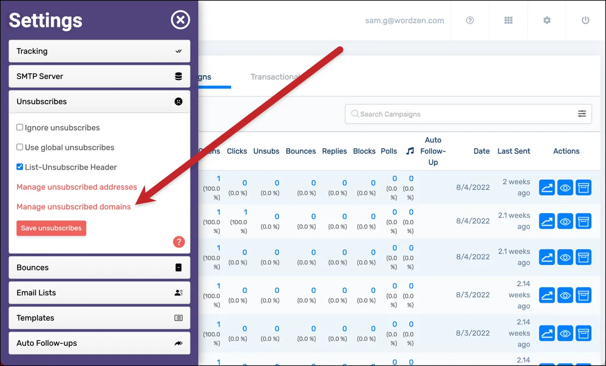 Manage unsubscribed domains in the GMass dashboard