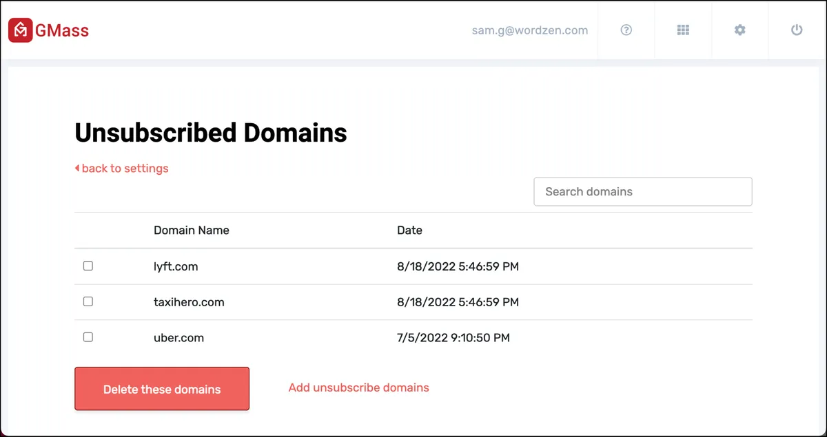 Unsubscribe domain results