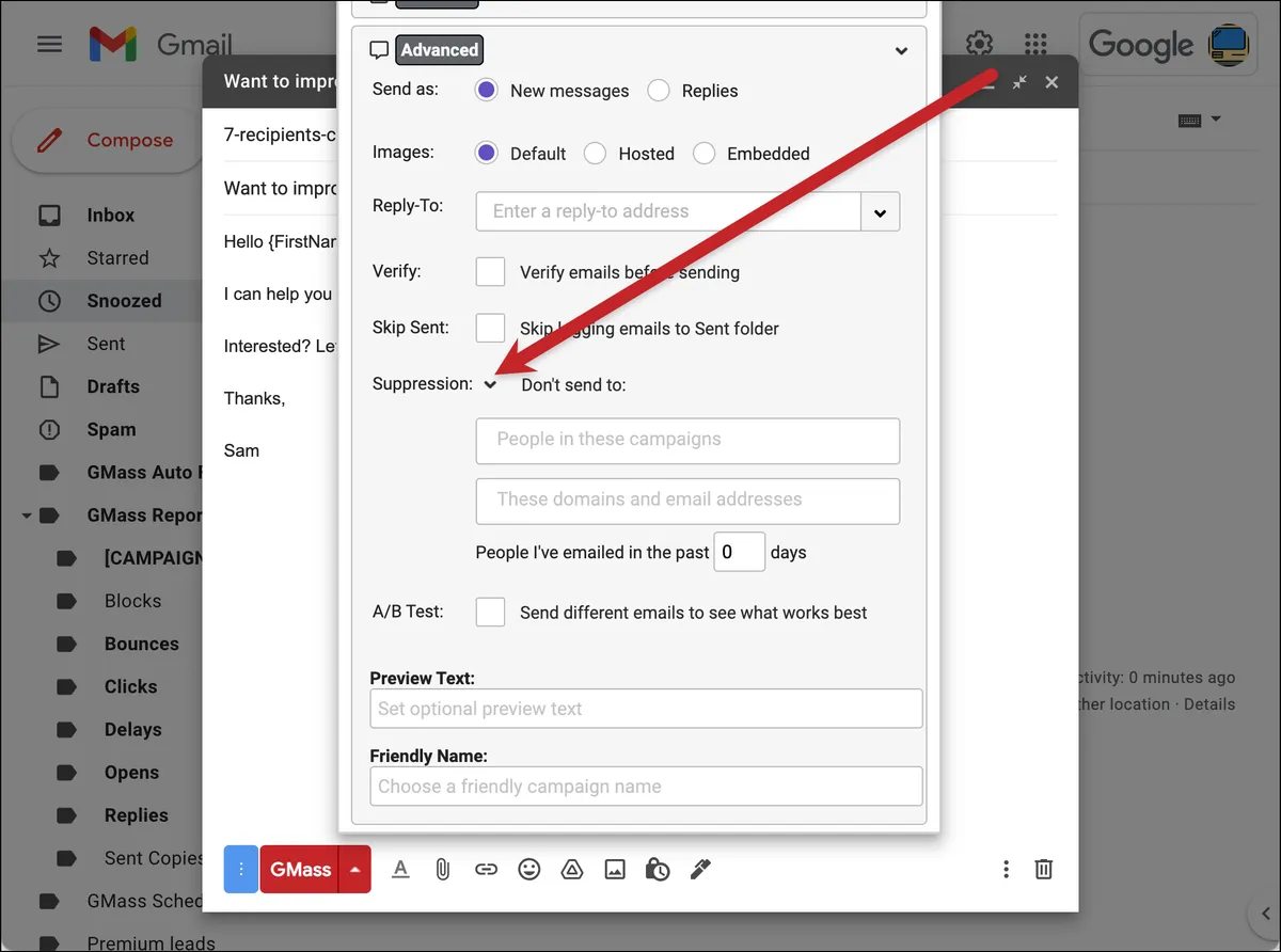 Suppression settings in GMass