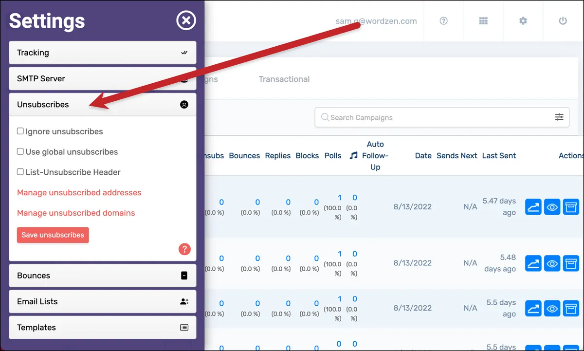 Unsubscribes settings in the dashboard