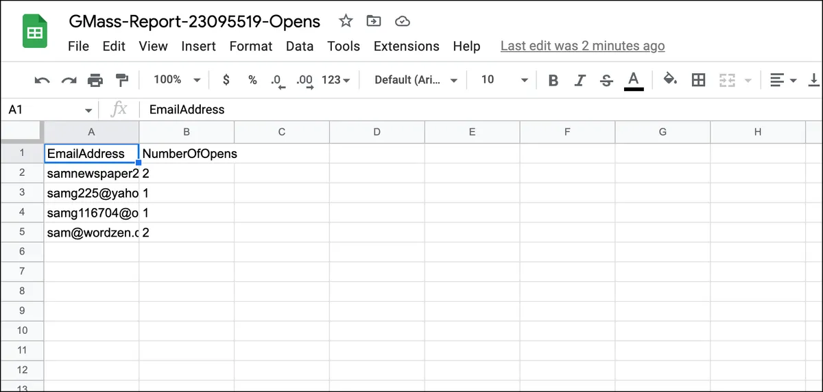 Sheets data exported