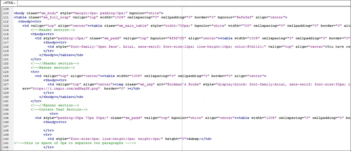 A part of the HTML used to create the email.