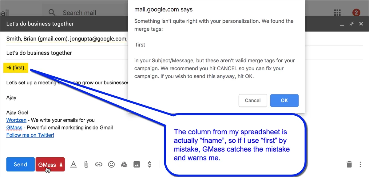 New! We'll warn you if you use the wrong mail merge tags