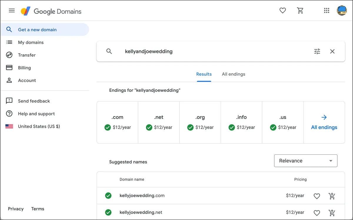 Searching for wedding website domains on Google Domains