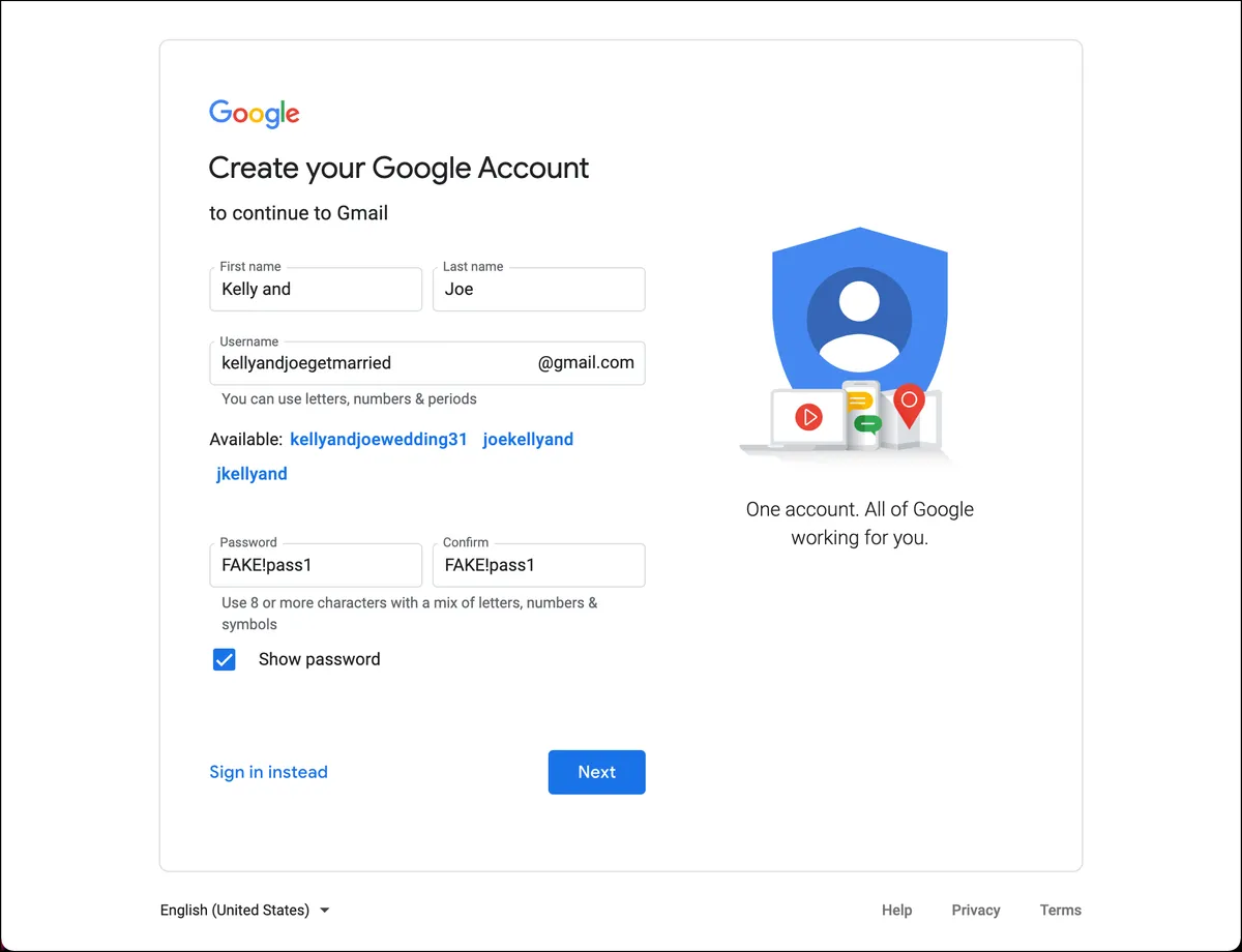 Enter account details for your wedding email account