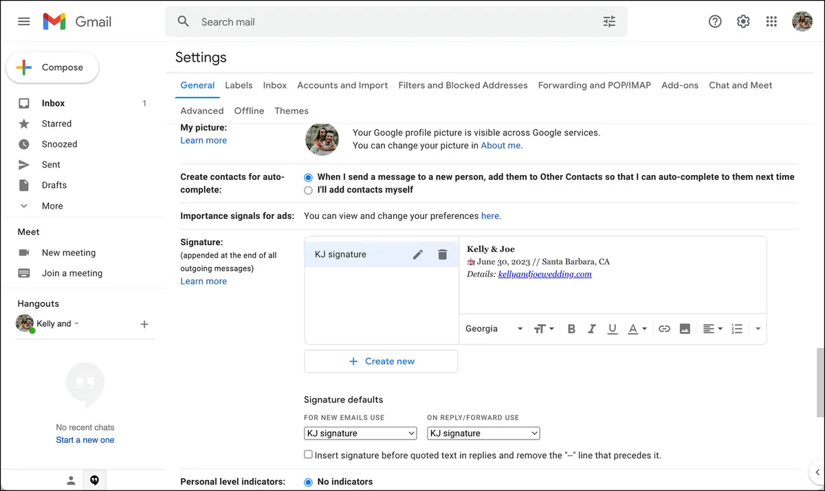 Create a signature for your wedding email address