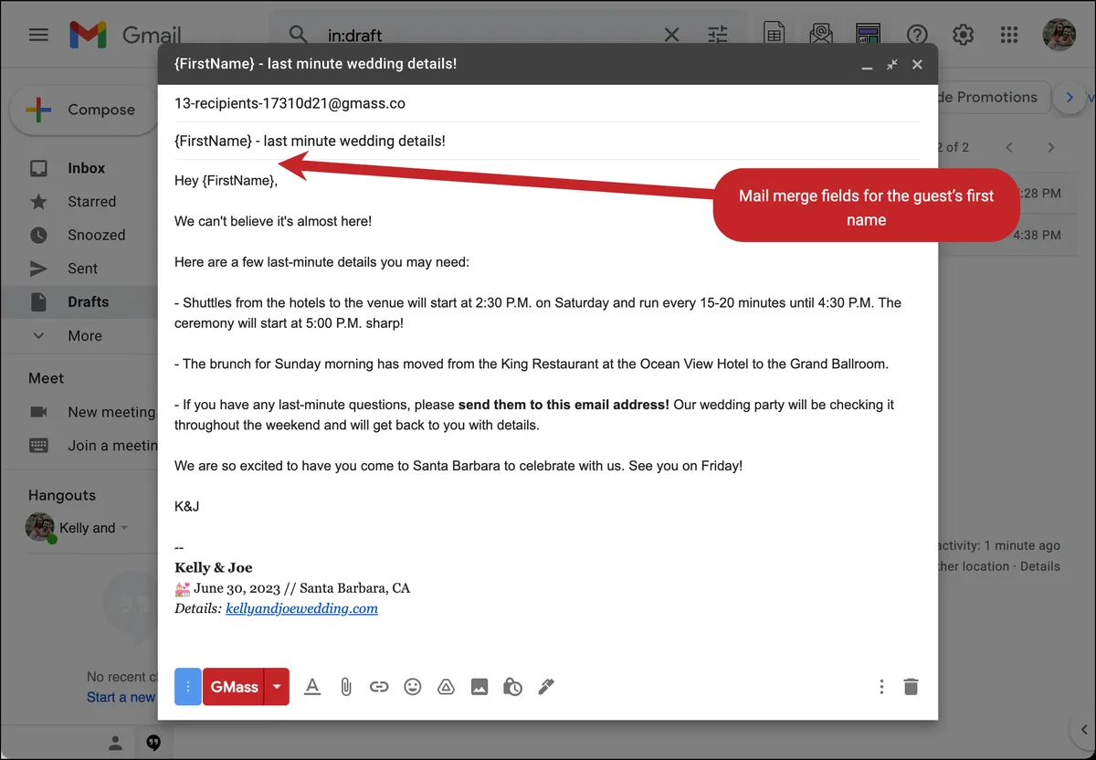 Compose the email with the last minute details
