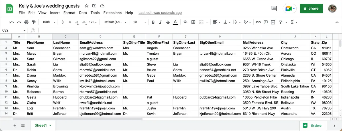 A sample wedding Google Sheet