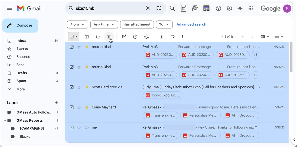 Delete large files