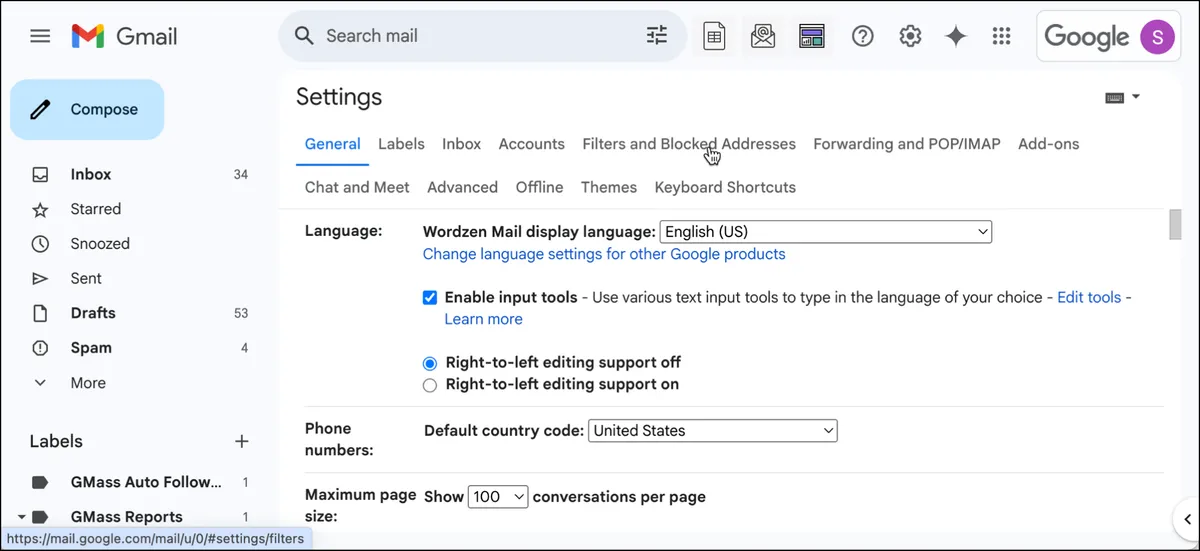 Go to the Filters and Blocked Addresses section