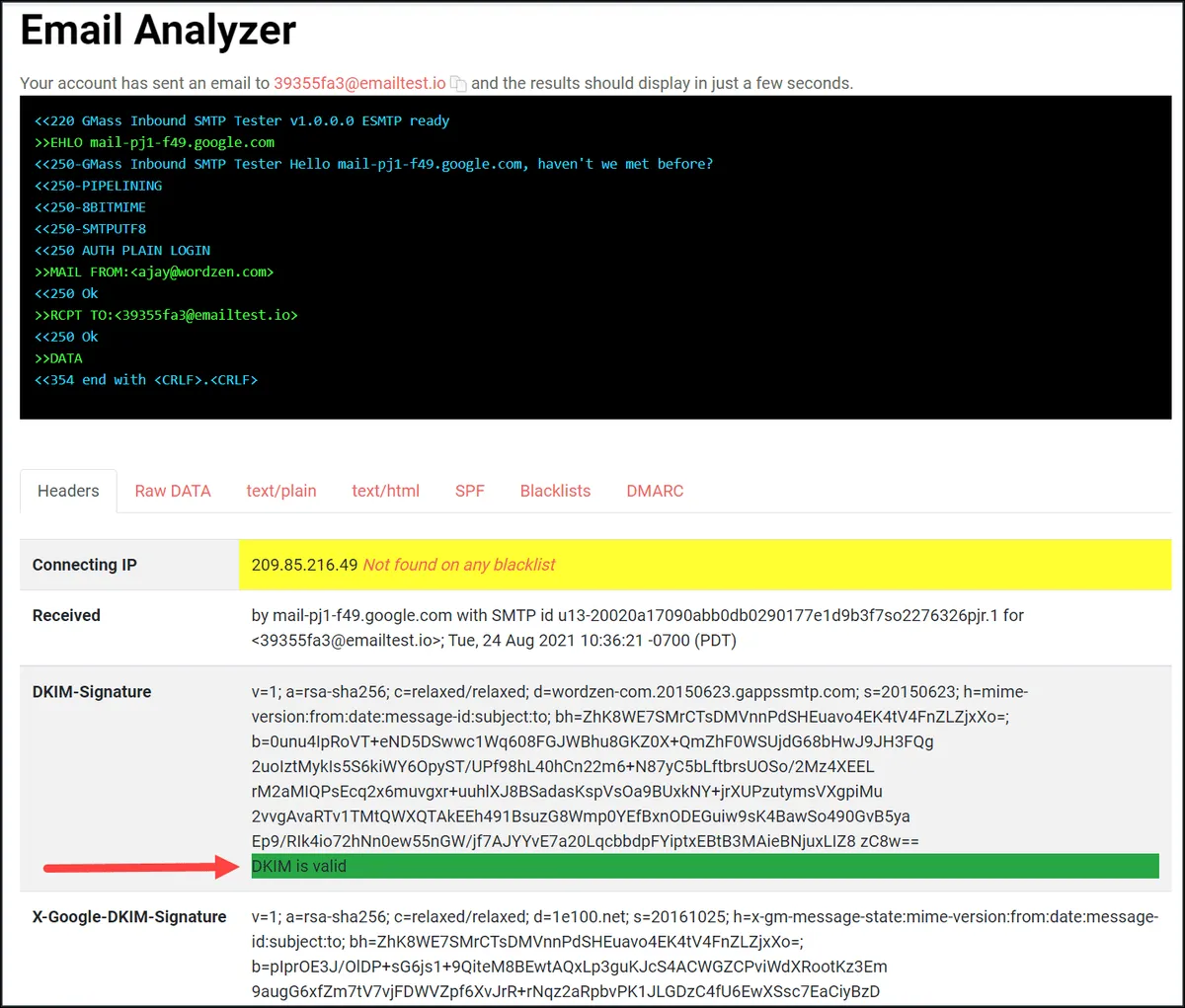 GMass's email analyzer tool