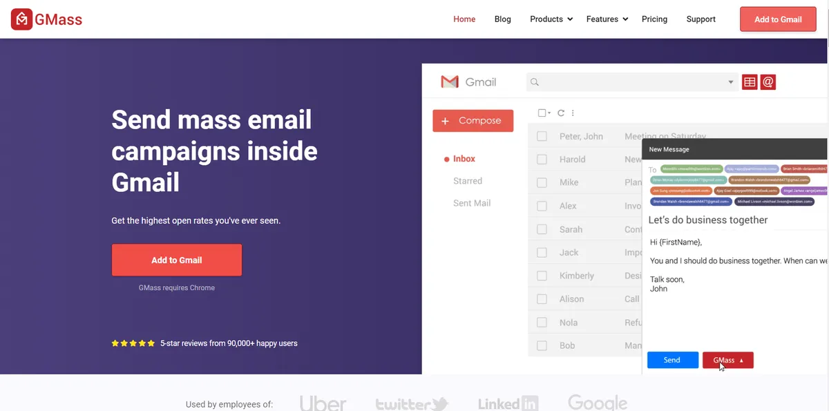 Shows the GMass website and dashboard.