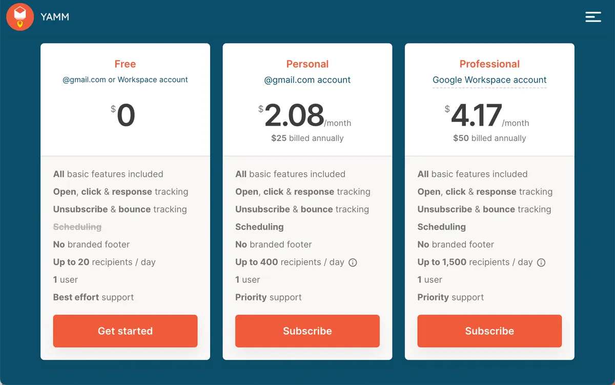 YAMM's pricing